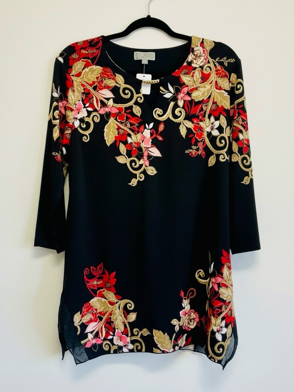 JM Collection Black Tunic with Red, Pink & Gold Floral Scrolls